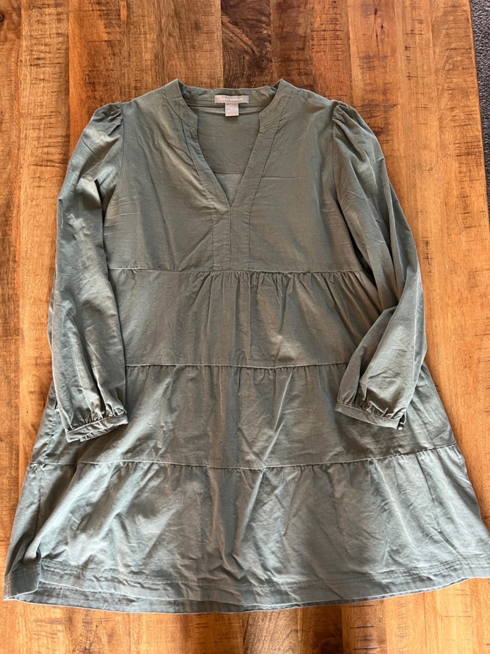 Lucky Brand Olive Green Tiered Long Sleeve Dress